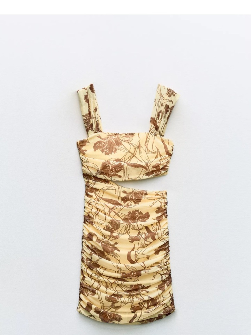 Zara Cream and Brown Floral Ruched cut out Mini Dress